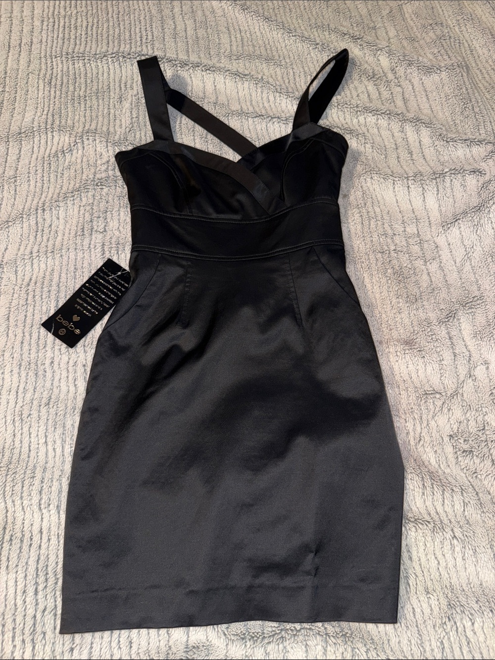 bebe Black Satin Cross-Strap Mini Dress